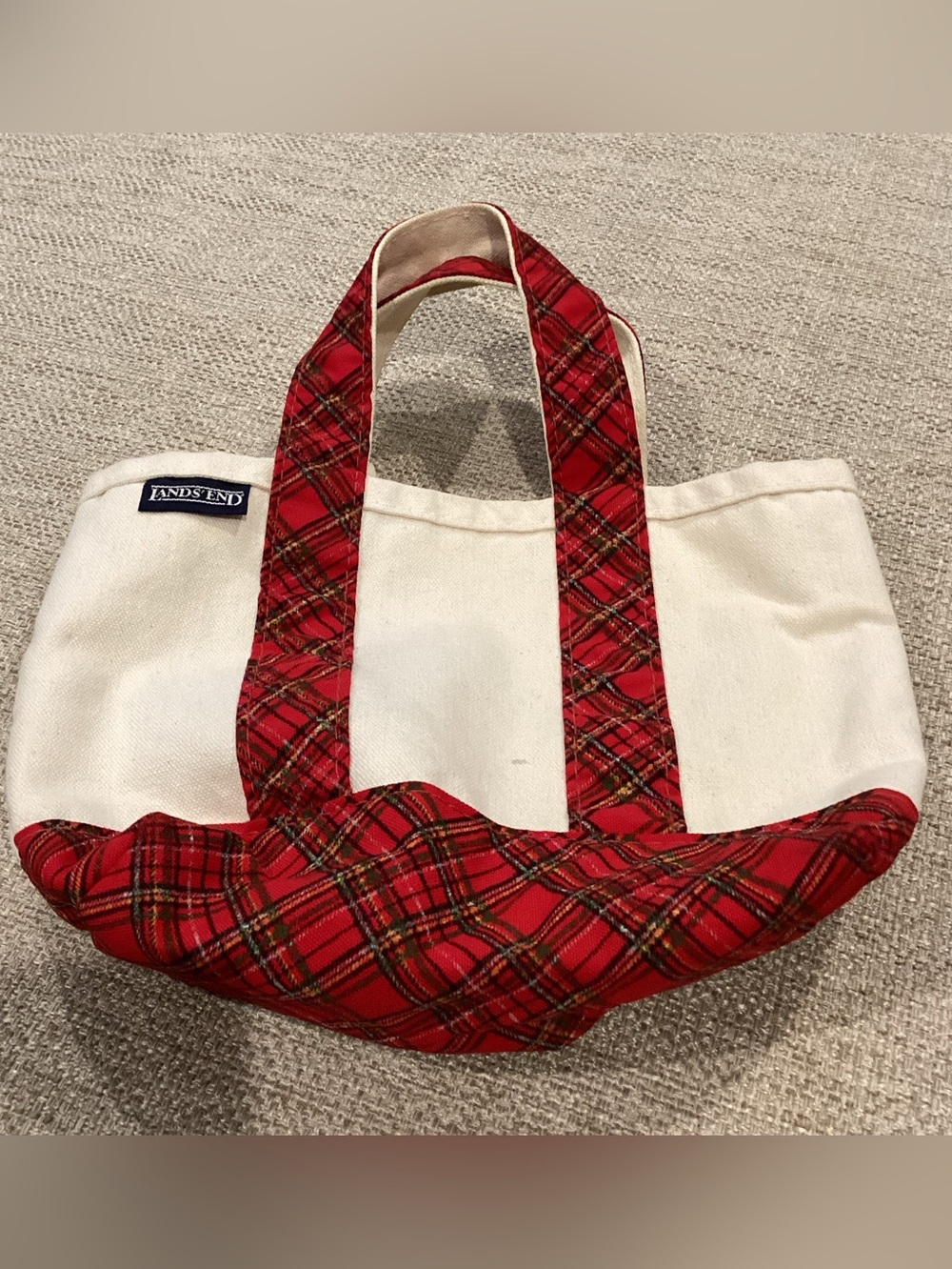 Vintage Lands' End Cream Canvas Mini Tote Bag with Red Plaid Trim